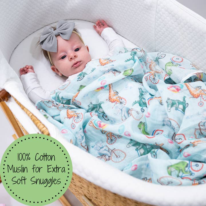 LollyBanks – wholesale Swaddle – Baby – Animals on Bike Baby 100% Cotton Muslin Swaddle Blanket2