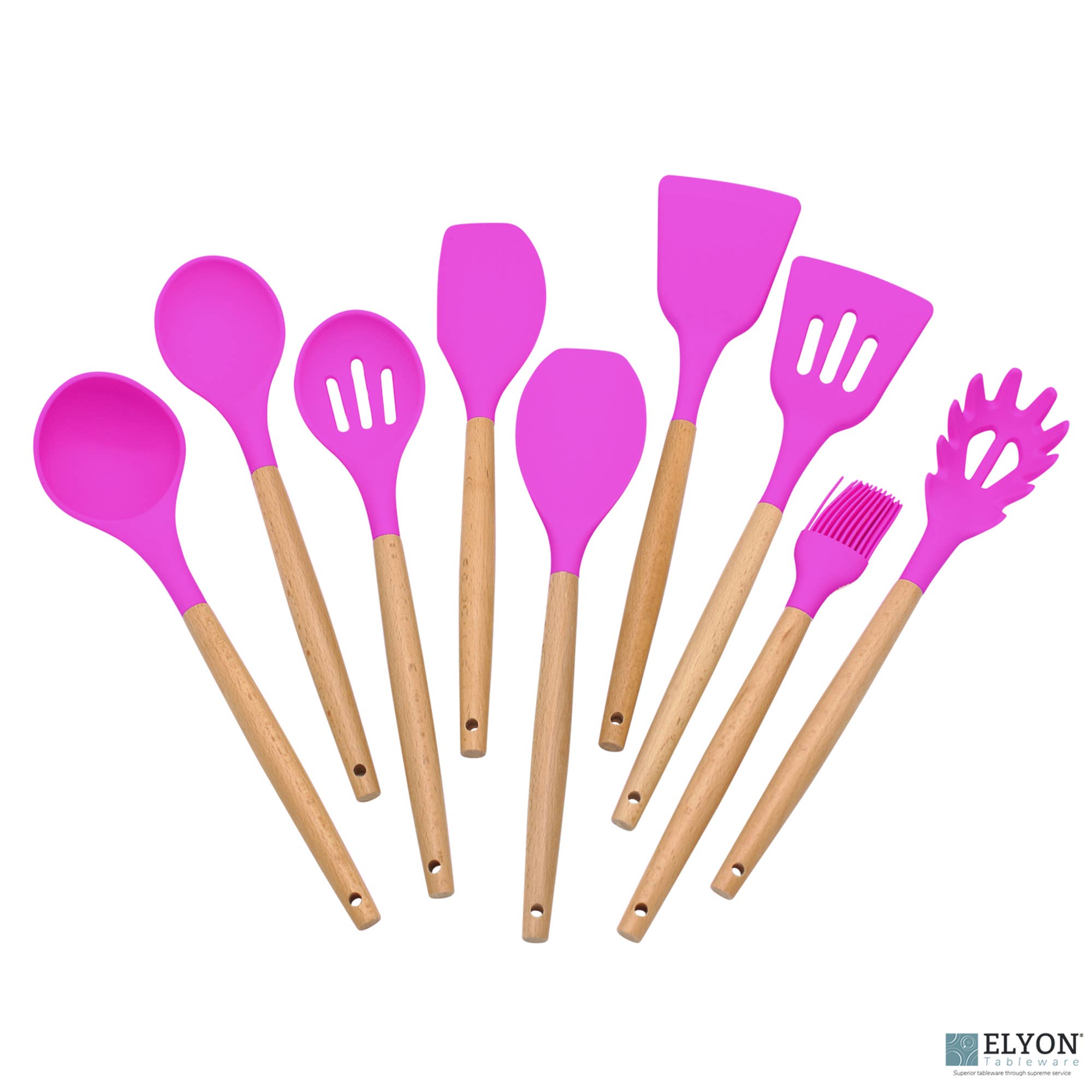 Elyon Tableware® - Wholesale Kitchen Utensil Set - 9 Piece Colored Silicone Kitchen Utensils Set - Wood Handles7