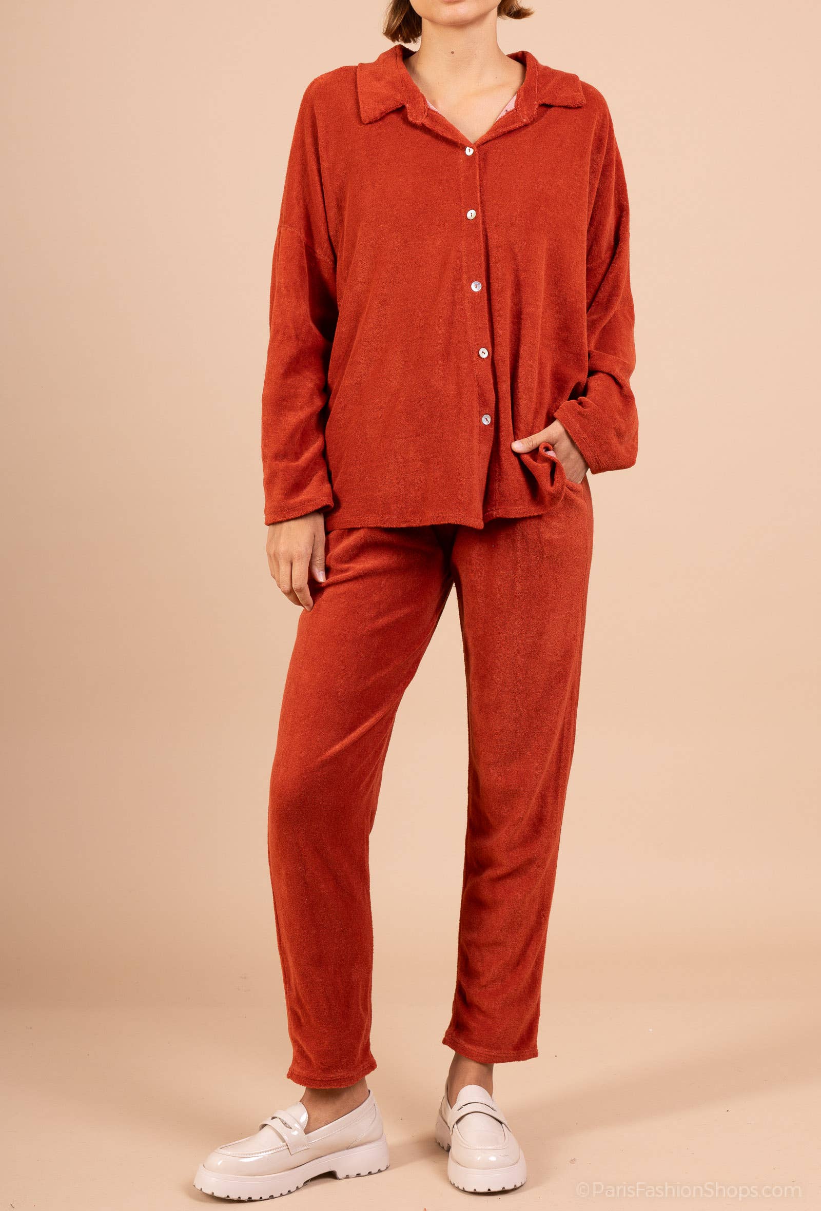 Mimi & Gogo - Wholesale Button Down Shirt - Women's - Cotton Terry Button-Up Shirt @5094_ChCotEponge15