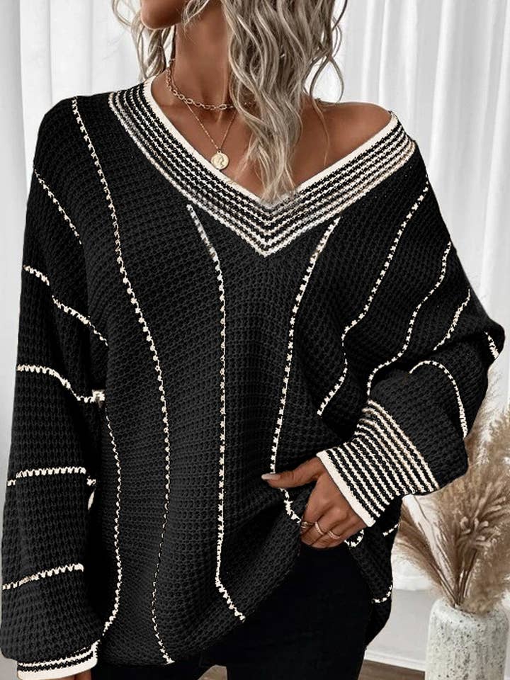 Maglione allentato lavorato a maglia con scollo a V a righe colorblock nero per la vendita all'ingrosso da parte di Lovesoft