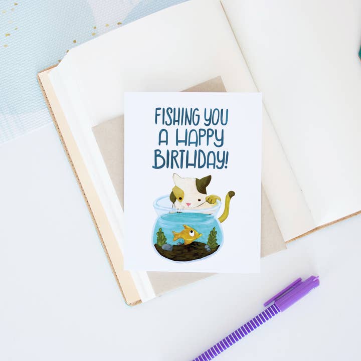 Fischen Sie eine Happy Birthday Katze Karte für den Großhandel von Hop & Flop