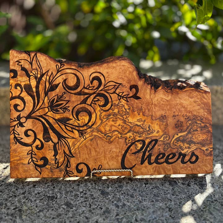 Rustic Olive Wood Cheese & Charcuterie Board – Iron Filigree for wholesale by Blu Crescent Engraving