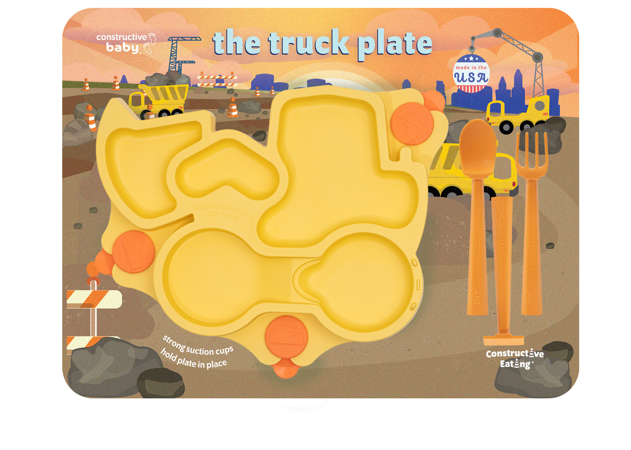 Constructive Eating - Venta al por mayor Plato grande - Niños y bebés - Placa de succión para camiones y utensilios de entrenamiento3