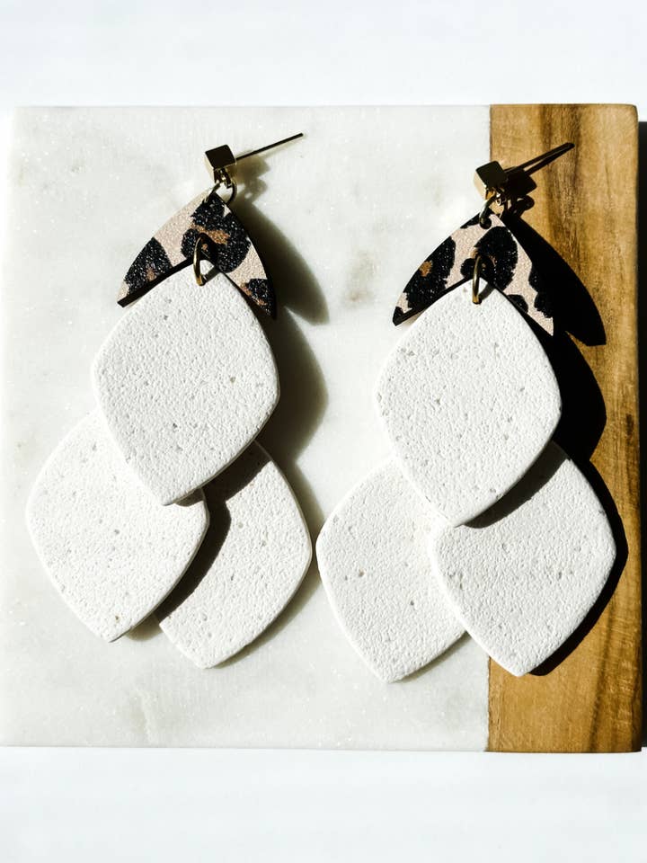 Valentina | Meringue & Leopard | Polymer Clay Triple Drop Ch for wholesale by Aves + Brit | Handmade Midwest Modern Jewelry