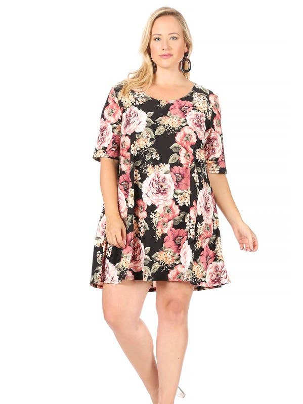 VIBE Apparel Co – wholesale Klänning - Dam – Plus mörk blommig borstad sväng klänning14