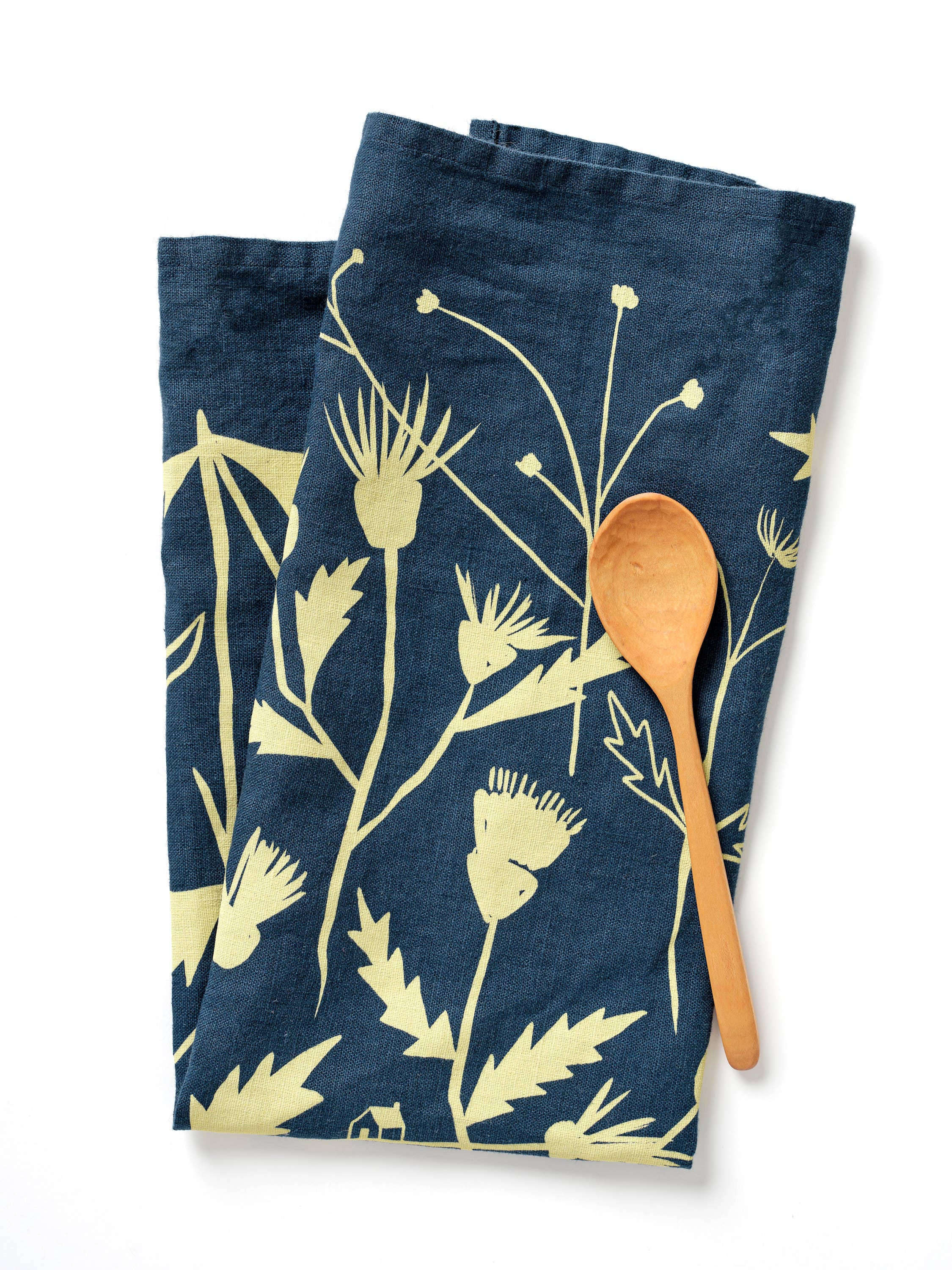 Elana Gabrielle - Wholesale Tea Towel - Wild Weeds Linen Tea Towel - Indigo Wildflower Design1