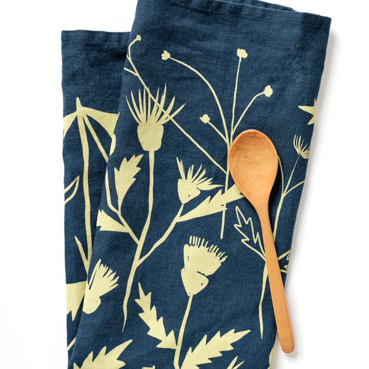 Elana Gabrielle - Wholesale Tea Towel - Wild Weeds Linen Tea Towel - Indigo Wildflower Design1