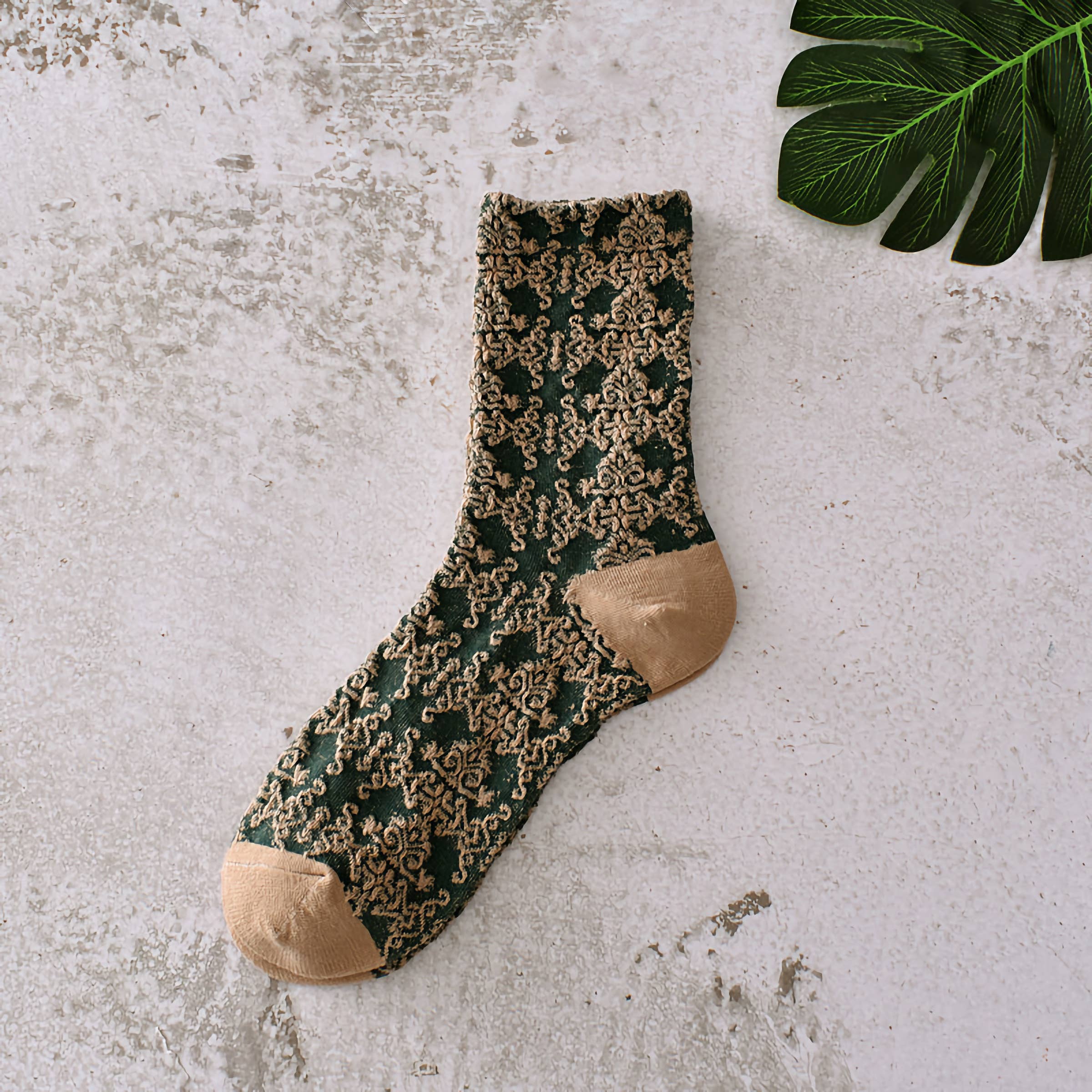Happy Knits - Wholesale Socks - Women's - Green Floral Socks - Vintage Crew Socks For Women Cozy3
