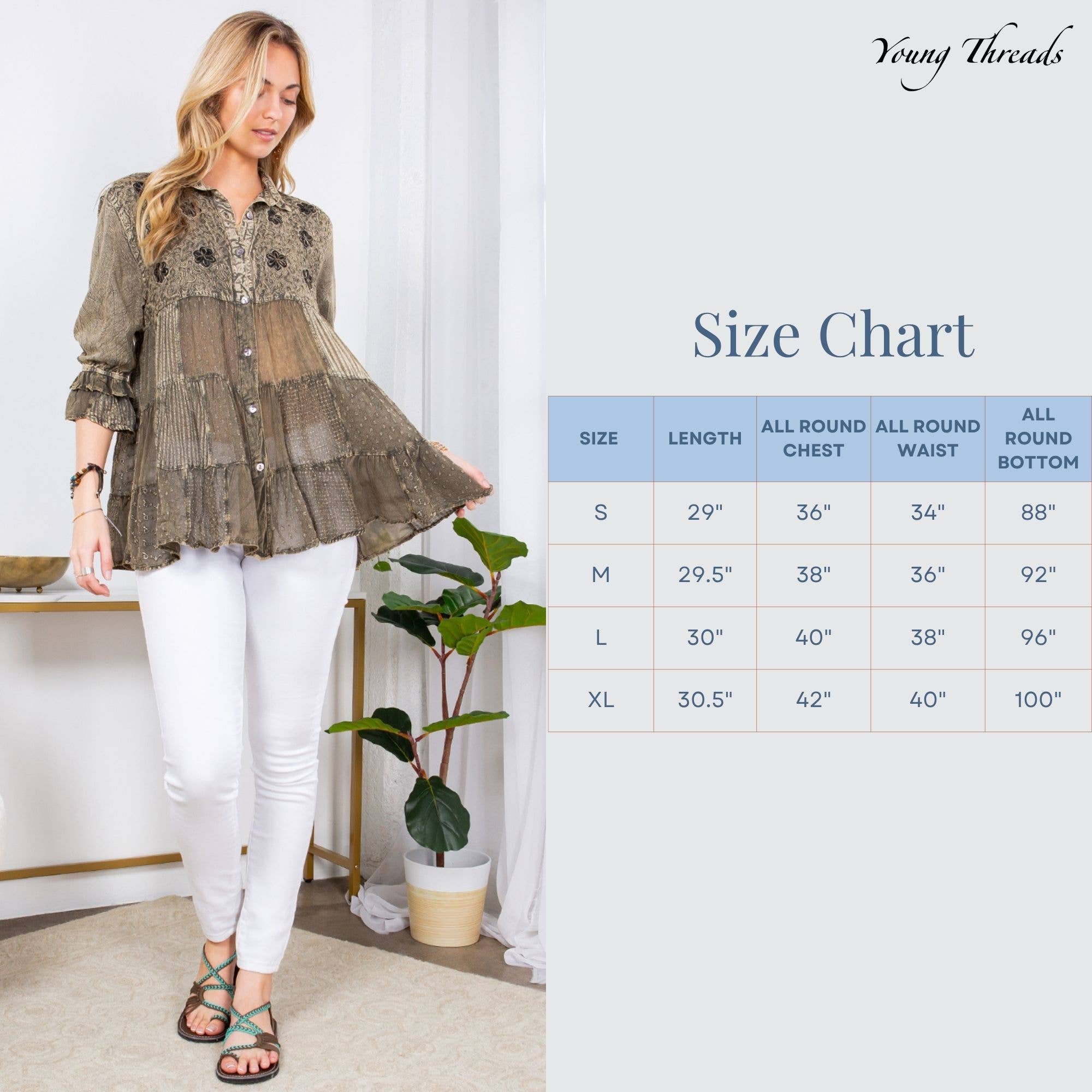 Young Threads - Vente Chemise à col boutonné – femme - Blouse brodée mexicaine pour femmes à taille froncée (NOUVEAU)15