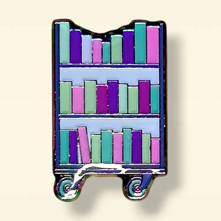 Book Cart Rainbow Enamel Pin for wholesale by Library Cat Designs