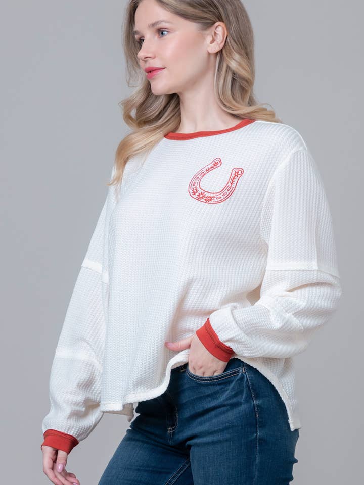 White HT28988T-LONG SLEEVE HORSESHOE PRINT EMBROIDERY TOP for wholesale on Faire1