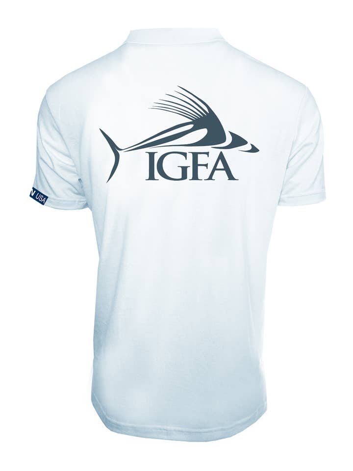 White IGFA Tech Rooster Polo Tee for wholesale by Bluefin USA