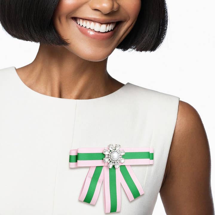 AKA Sorority Pink Green Bow Tie Style Brooch for wholesale by PinktownUSA