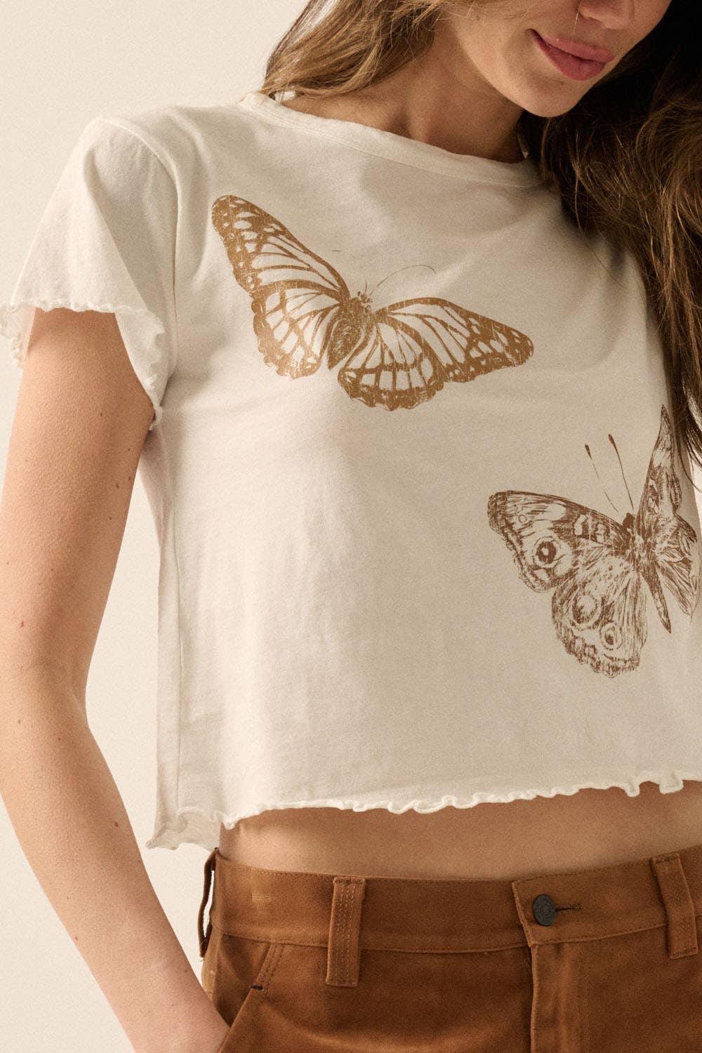 Ivory Butterflies Cropped Lettuce-Edge Graphic Baby Tee for wholesale on Faire1