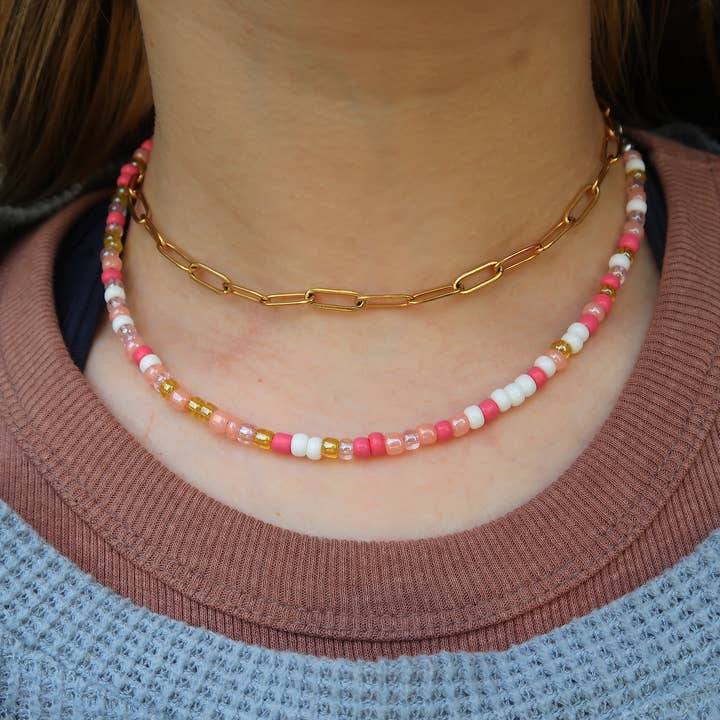 Adjustable Pink Strawberry Lemonade Beaded Choker Necklace for wholesale by Athena’s Art Cove