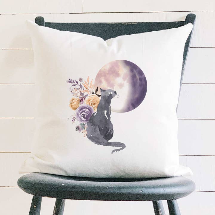 Floral Black Cat - Vierkant Halloween-kussen voor wholesale door Indigo Tangerine