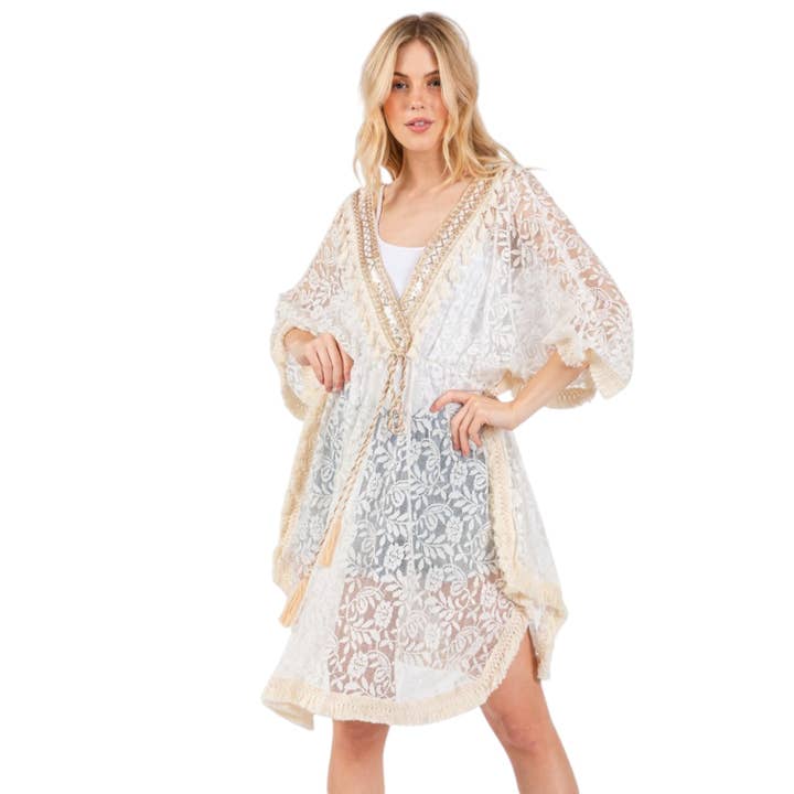 Bloemenkant Touw Katoen Kwart Mouwen Cover UP voor wholesale door LA Jewelry Plaza