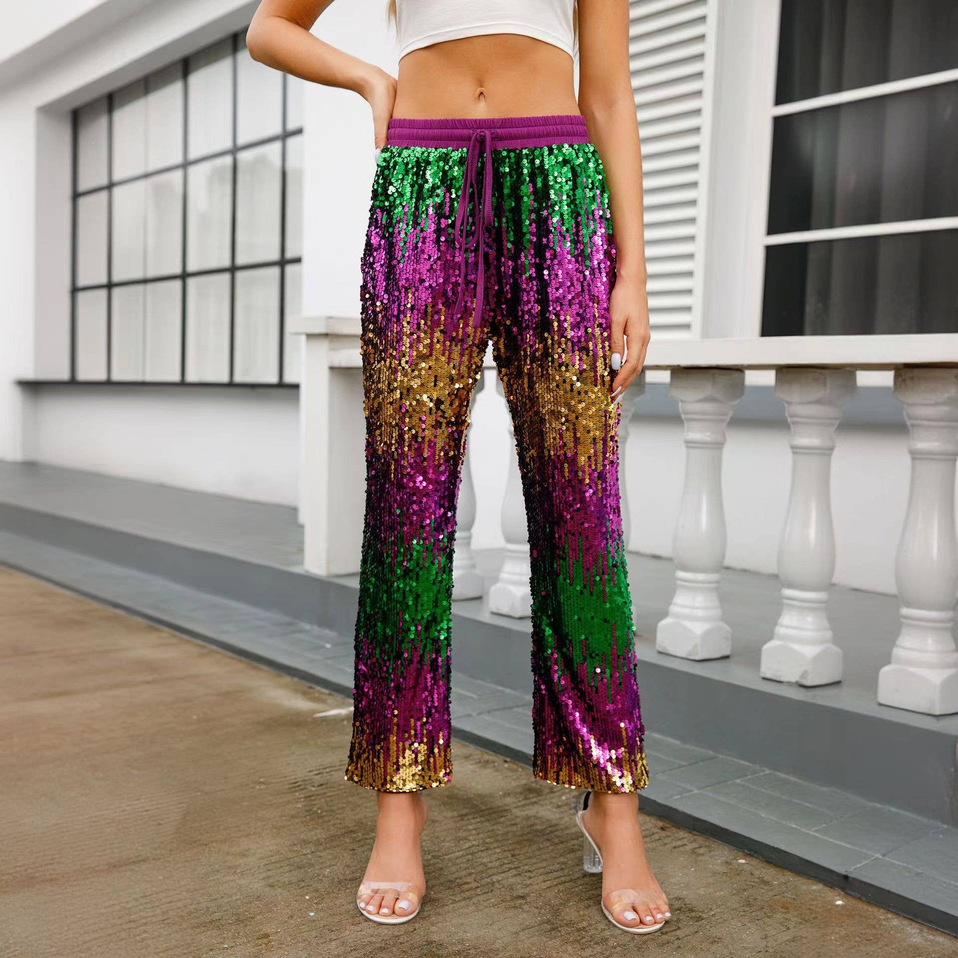 Western Fashion - Wholesale Pants - Women's - Mardi Gras sequin pant with elastic band0