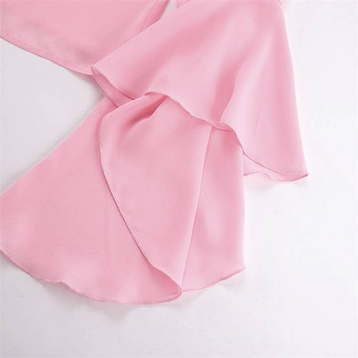 Sheer Trend - Wholesale Blouse - Women's - Round Neck Bell Sleeve Ruffle Trim Women's Blouse6