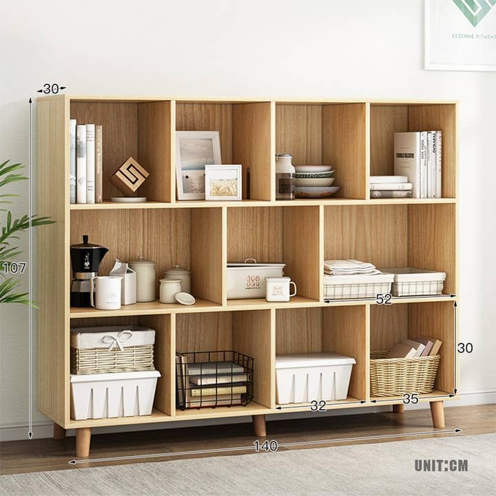 Open Cube Low Bookcase 3 Tier Freestanding Oak Finish for wholesale on Faire1