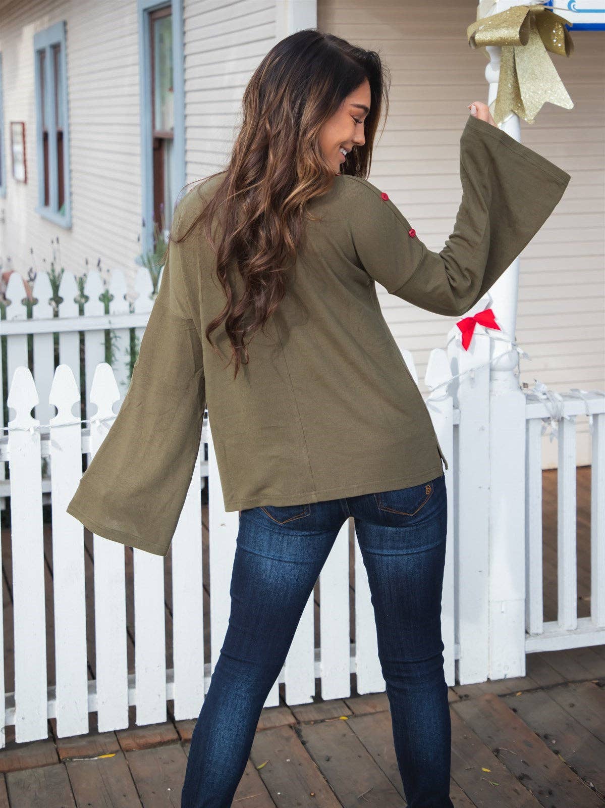 Tickled Teal - Wholesale Blouse - Women's - Bell Sleeve Button Detail Perry Top10