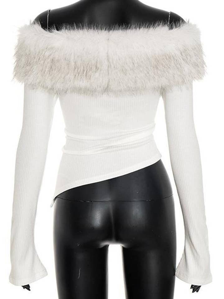 WHITE Off-Shoulder Fur Trim Blouse for wholesale on Faire6