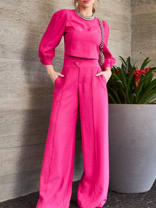 ShieldChic - Wholesale Top & Pant Set (NOT Loungewear) - Women's - Solid Color Puff Sleeves T-Shirts High-Waisted Wide Leg Pants Suits2