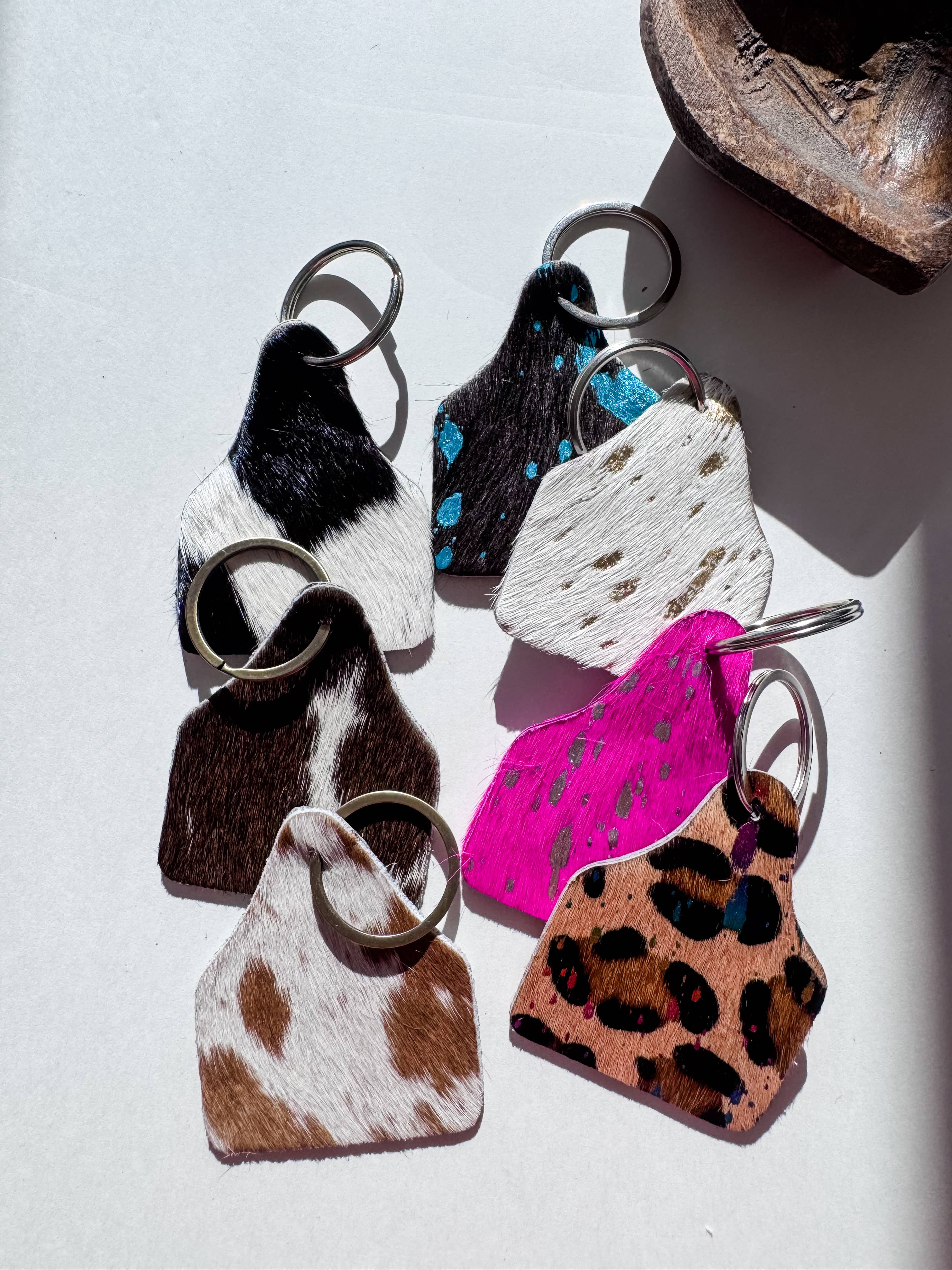 Boho Ranch Shop – wholesale Keychain – Women's – Cowhide Eartag Keychain | Cow Cattle Ear Tag Hair On Cowhide7