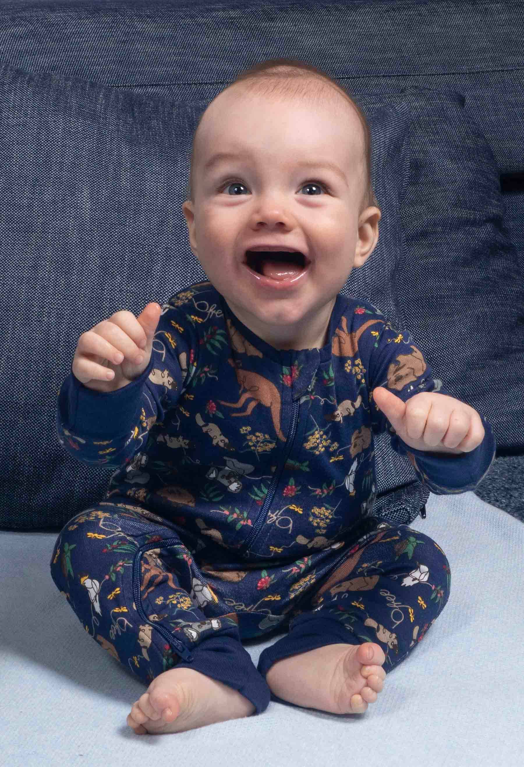 100% Organic Cotton 2-Way Zip Baby Sleepsuit with Foldable Mitts - Navy Native Aussie Animals for wholesale on Faire5