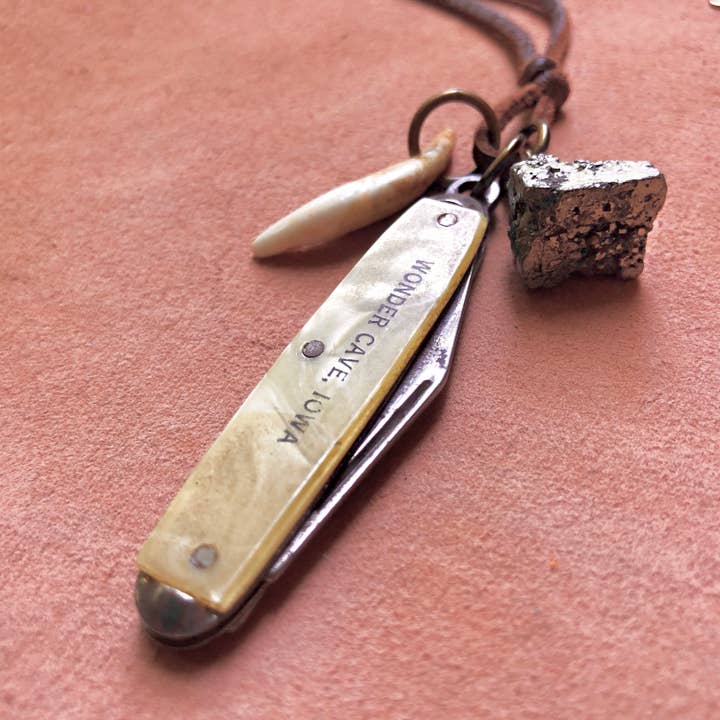 ASTALI - Wholesale Pendant/Charm Necklace - Vintage Pocket Knife & Coyote Tooth Necklace, Pyrite, Real3