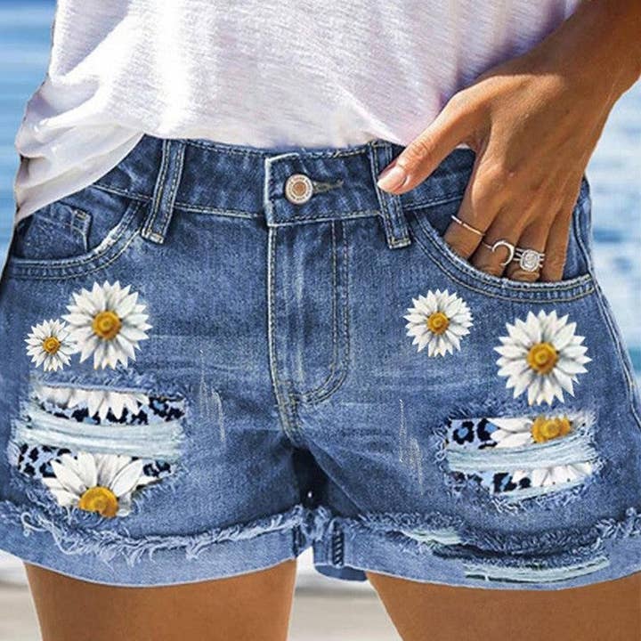 BLUE Distressed High-Waisted Floral Denim Shorts for wholesale on Faire