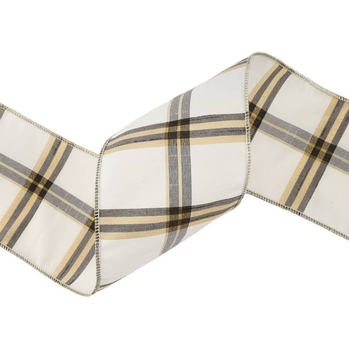 LA Ribbons Wholesale - Wholesale Ribbon - Gift Wrapping - 4" Wired Ribbon | Ivory/Black/Gold Plaid | 10 Yard Roll