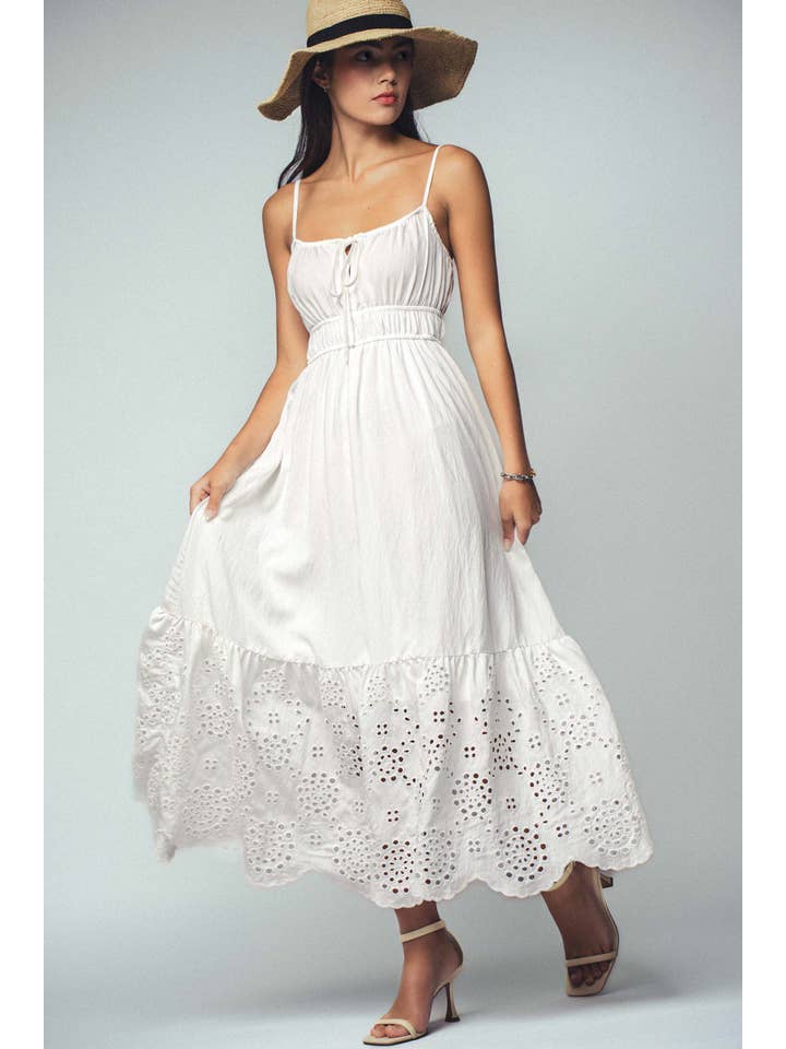 WHITE Eyelet Embroidered Tie-Front Maxi Dress for wholesale on Faire