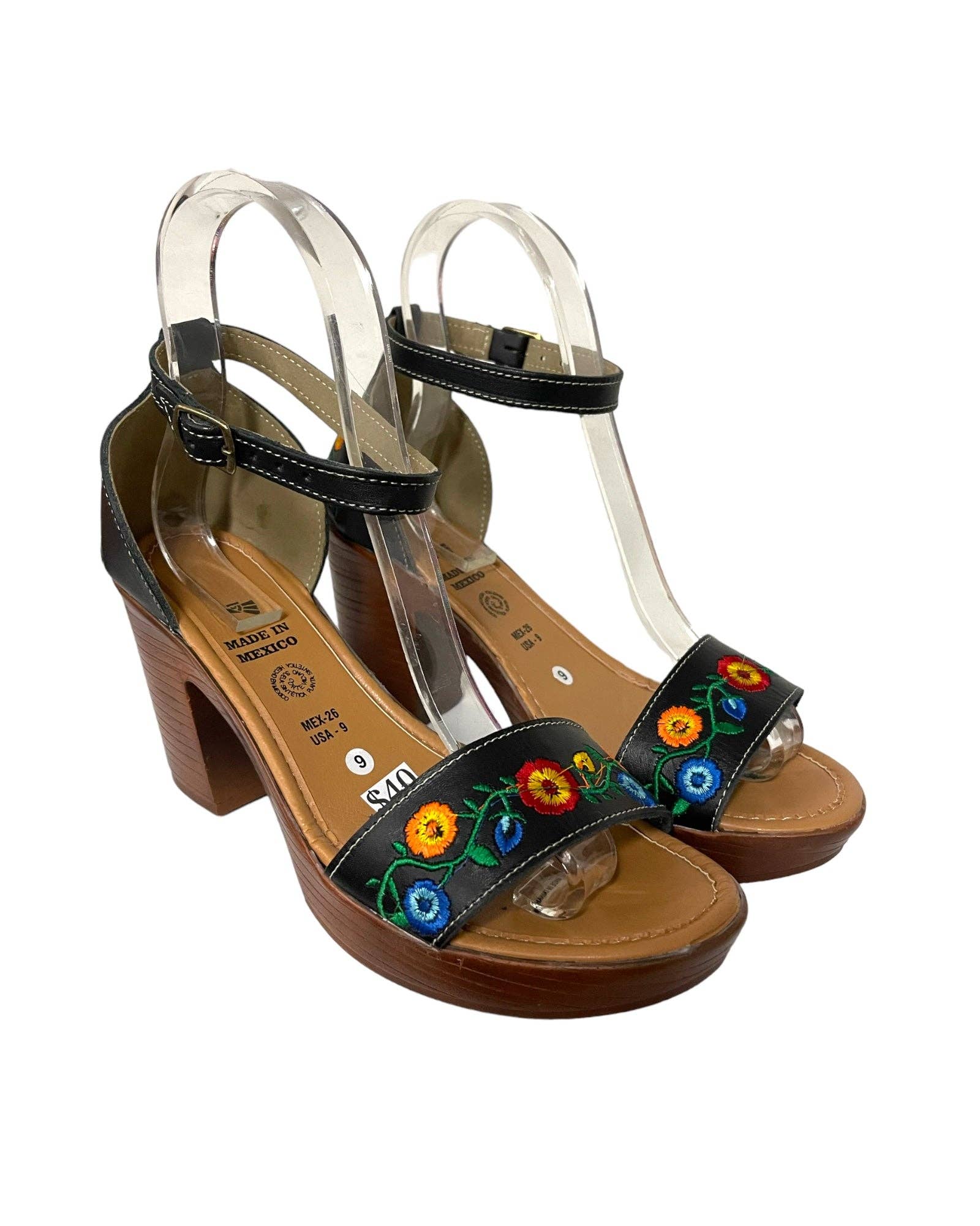 Cielito Lindo - Wholesale Sandals - Women's - Arumi Leather Floral Embroidered Heels Black3