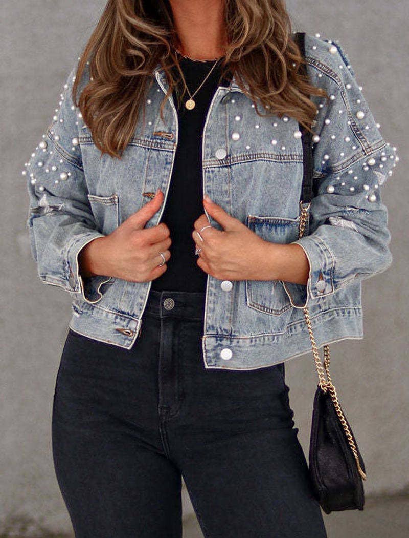 safistyle – Großhandel Jeansjacke – Damen – Denim-Crop-Jacke mit Kunstperlen besetzt4