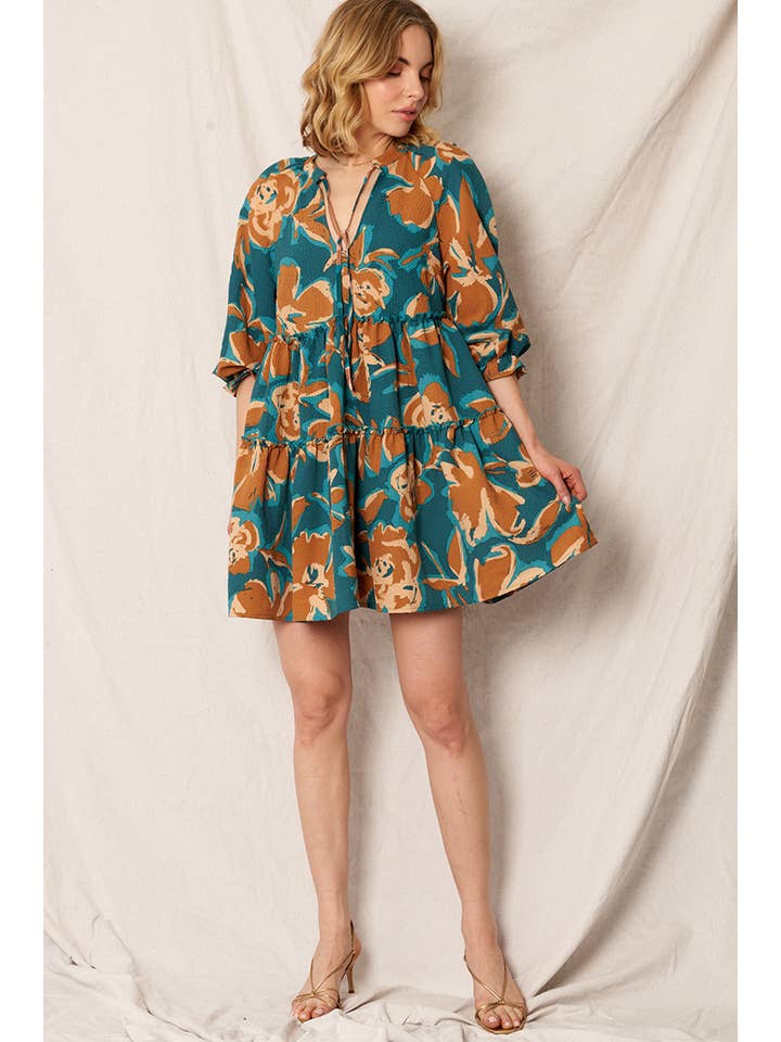 Teal Brown Printed 3/4 Sleeve Tiered Mini Dress for wholesale on Faire