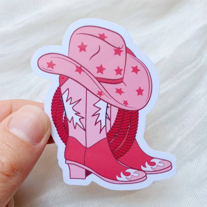 Pegatina de vinilo de botas vaqueras rosas estilo western. para venta al por mayor de Tiny Acres Co