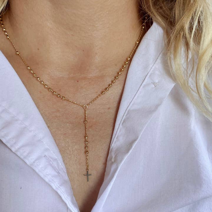 GoldFi - Wholesale Prayer Beads Necklace - 18k Gold Filled Simple Cross Rosary Necklace