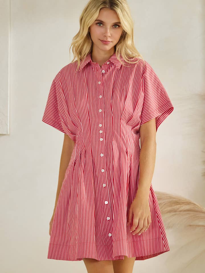 BUTTON DOWN PLEATED SHIRT STRIPE DRESS- SDD6317 for wholesale by Star Drop