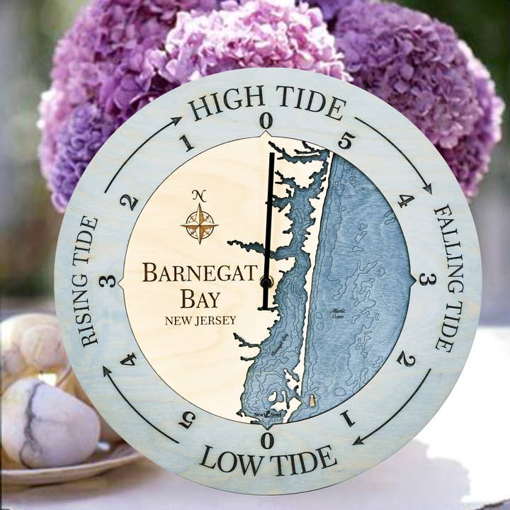 Barnegat Bay Tide Clock Nautical Wood Map - 2 Sizes for wholesale by Sea & Soul Nautical Chart Art