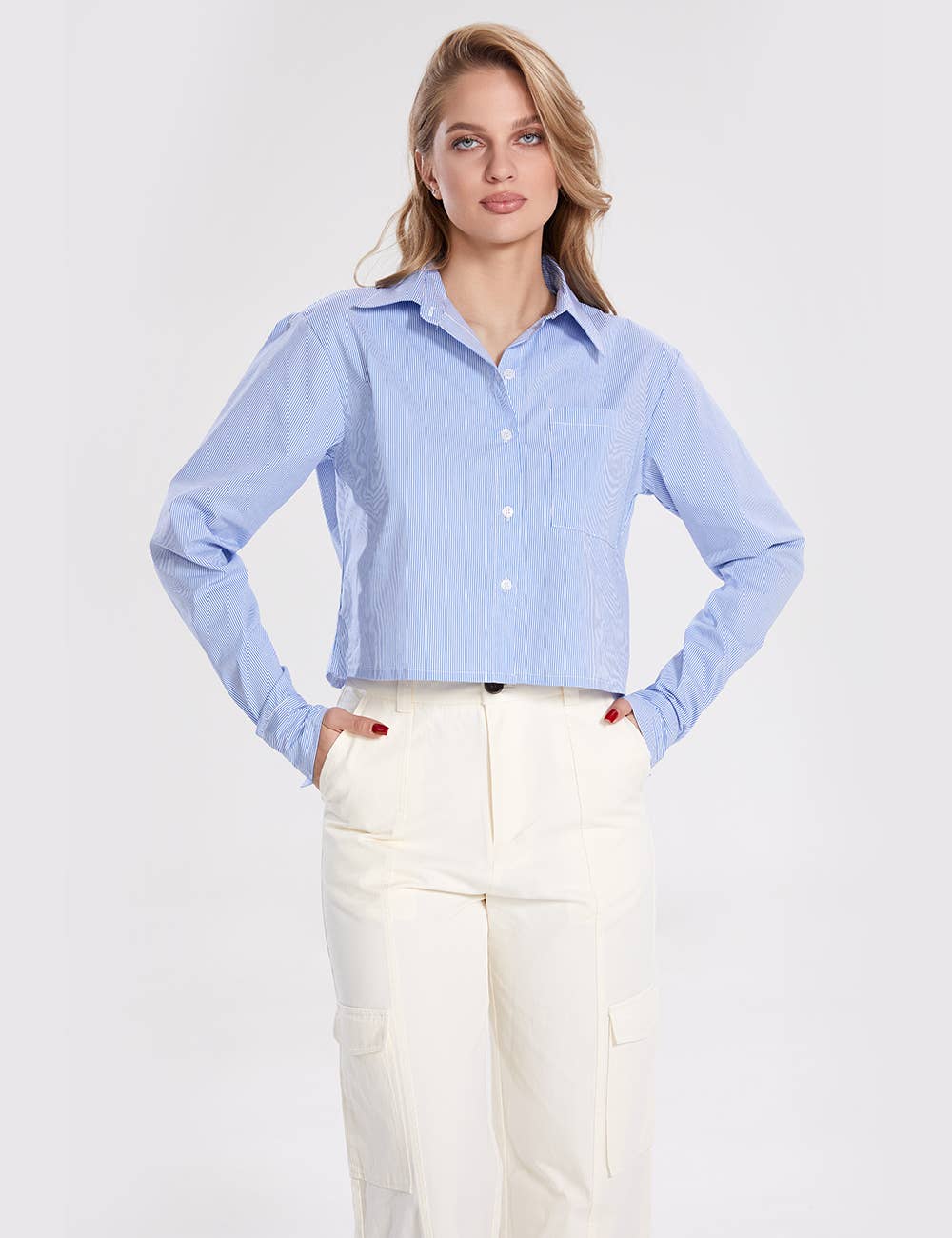 Bleu Chemise courte rayée à manches longues pour femmes SKT270 en vente sur Faire3