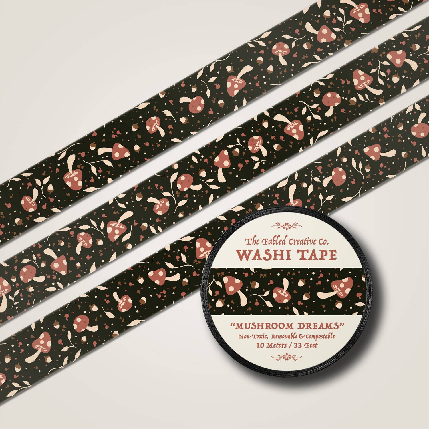 The Fabled Creative Co. – Großhandel Washi-Tape – Mushroom Dreams Washi Tape mit Pilzmotiven auf dunklem Hintergrund1