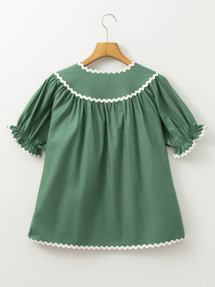 Green Ric Rac Trim Tie Split Neck Short Sleeve Blouse for wholesale on Faire