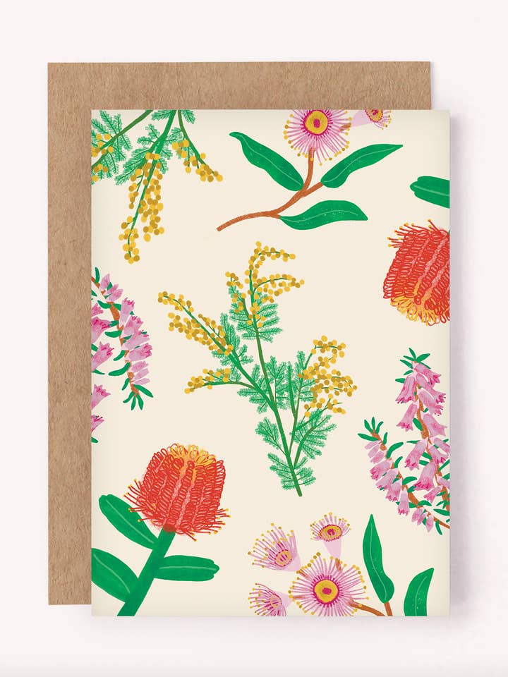 Carte australienne avec fleurs sauvages - Voeux floraux illustrés pour la vente par Lauren Sissons Studio