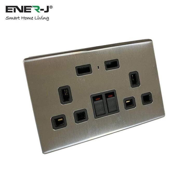 ENER-J – wholesale Power adapter – Smart Twin Wall Sockets with Usb 2 Usb Ports, (Silver)