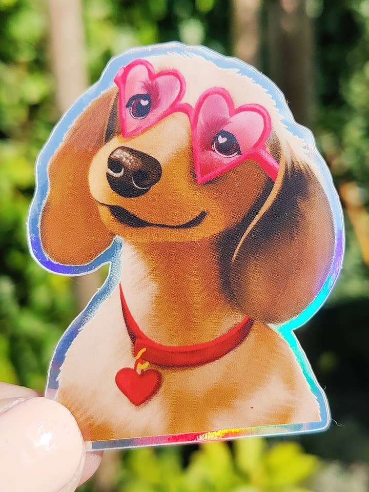 Sticker love funny dog dachshund holographic vinyl for wholesale by Aniet Illustration