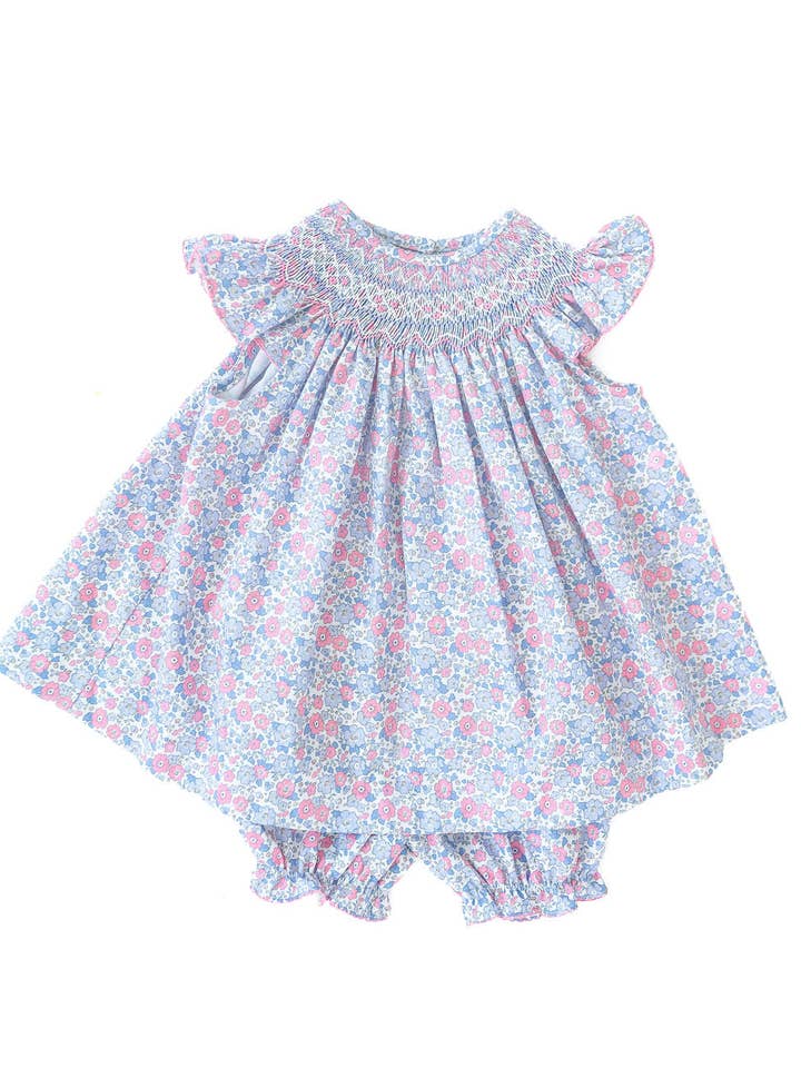 Ruth and Ralph - Wholesale Clothing Set - Baby - Periwinkle Poppy Floral Smocked Annabelle Bloomer Set1