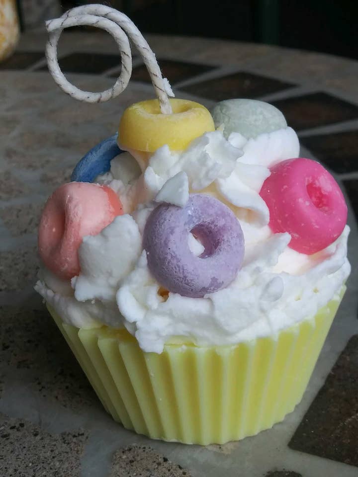 Fruit Loops Cupcake Candle for wholesale by Earthbound Apothecary