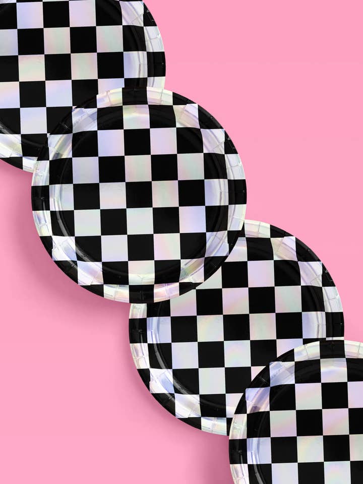 Black and Iridescent Checker Paper Plates | Retro Party Deco for wholesale by xo, Fetti