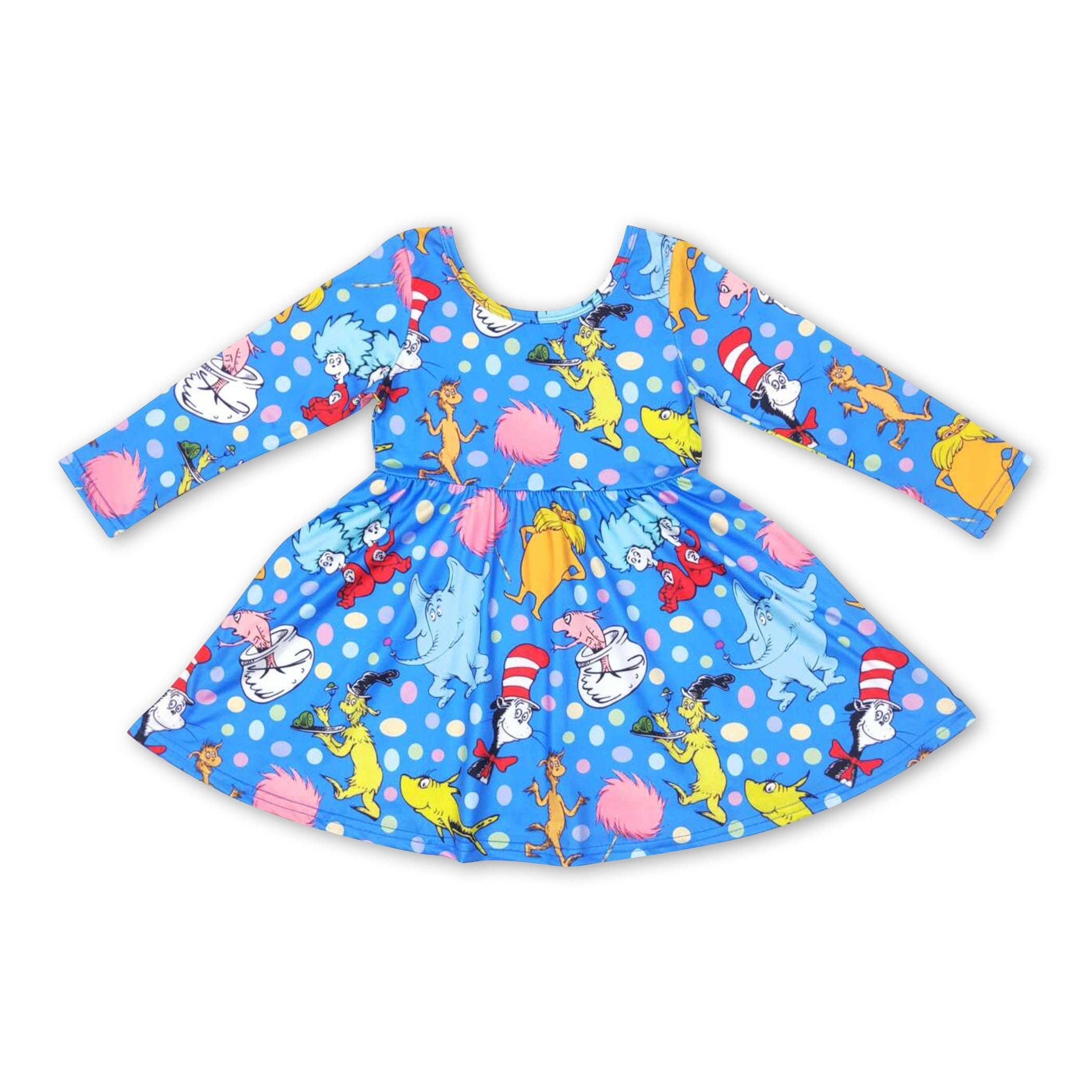 Wholesale Long sleeves blue hat colorful dots girls dresses for 